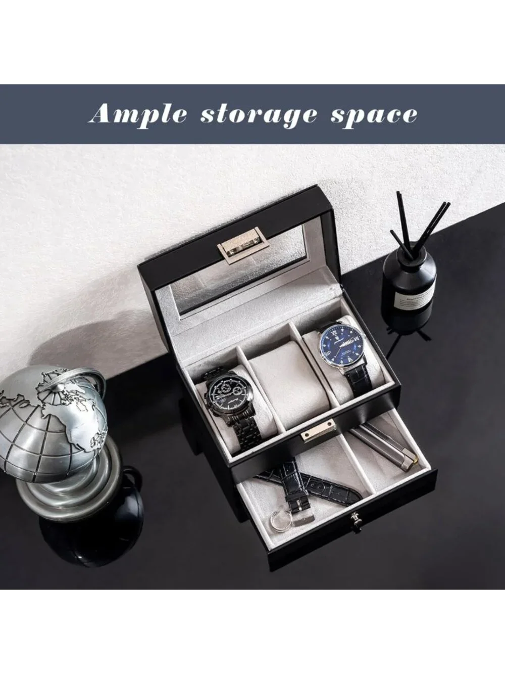 Elegant 3-Slot Watch Display Case with Drawer - Stylish Black Storage Box